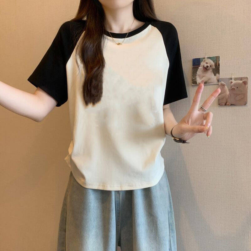 短衫 Women's Cotton Stretch Crew Neck Short Sleeve Stitching Top