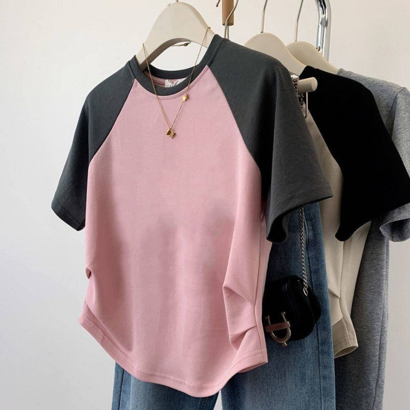 短衫 Women's Cotton Stretch Crew Neck Short Sleeve Stitching Top