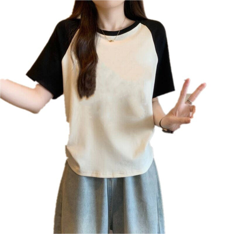 短衫 Women's Cotton Stretch Crew Neck Short Sleeve Stitching Top