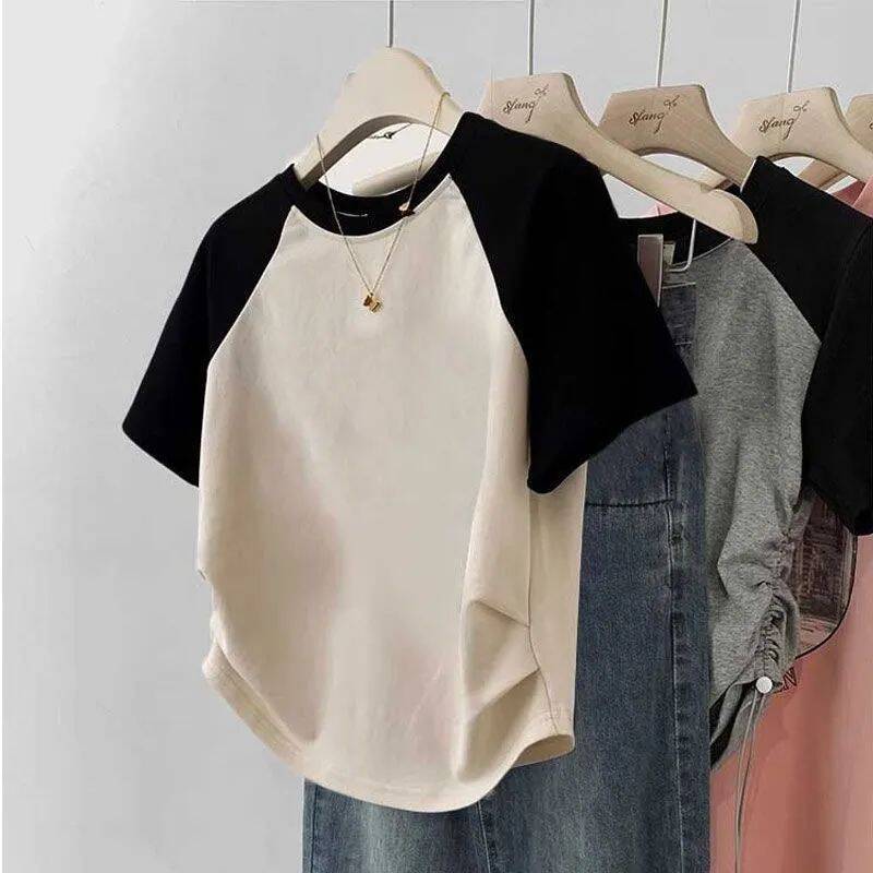 短衫 Women's Cotton Stretch Crew Neck Short Sleeve Stitching Top