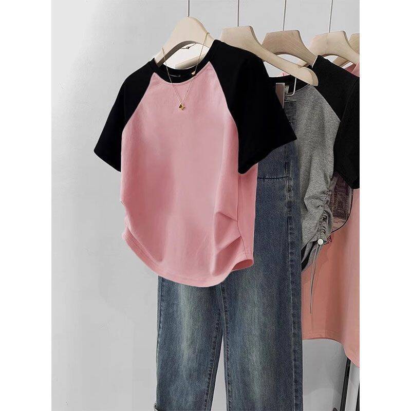 短衫 Women's Cotton Stretch Crew Neck Short Sleeve Stitching Top