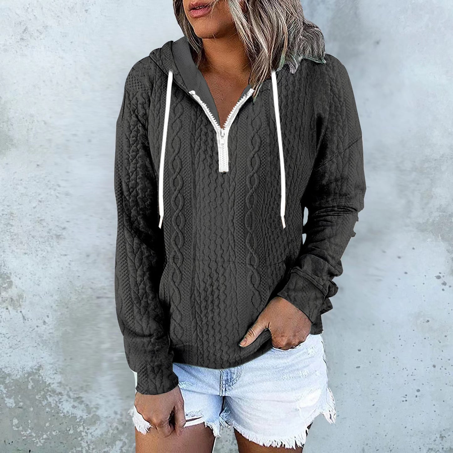 休閒上衣 Twist Texture Design Hoodie Drawstring Sweatshirt Fashion Women Daily Clothing