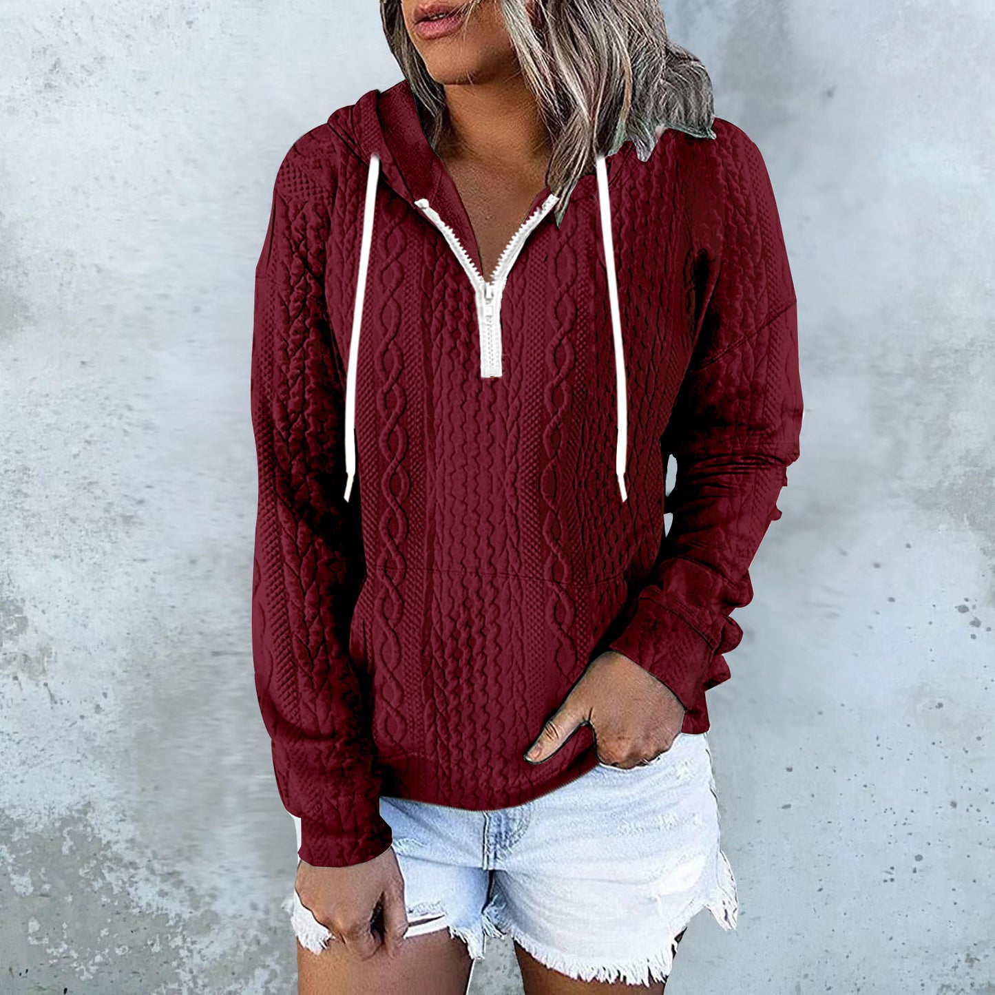 休閒上衣 Twist Texture Design Hoodie Drawstring Sweatshirt Fashion Women Daily Clothing