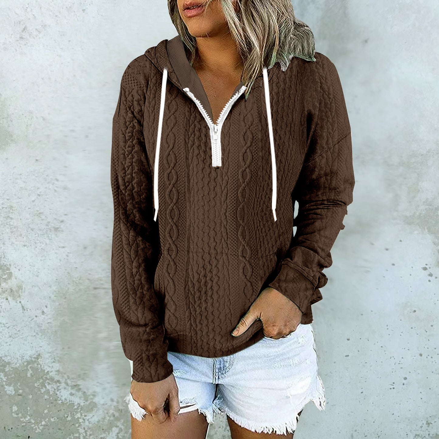 休閒上衣 Twist Texture Design Hoodie Drawstring Sweatshirt Fashion Women Daily Clothing